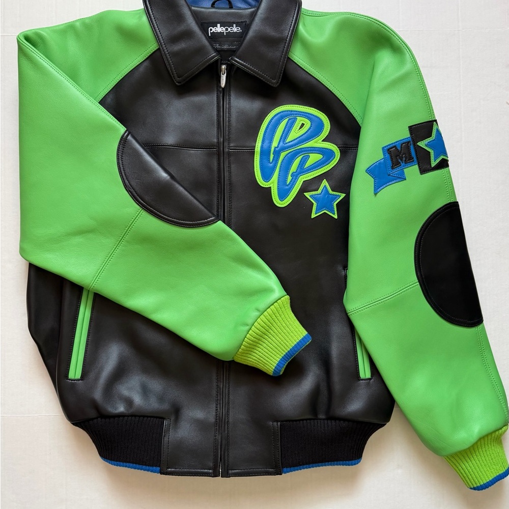 PELLE PELLE SODA CLUB PLUSH LEATHER JACKET BLACK & GREEN WITH BLUE ACCENTS.